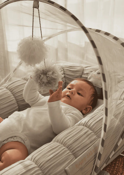 Baby Jalebi Sleep Cloud Nest-Baby Gadda Set With Inbuilt Mosquito Net-Grey-100% GOTS certified Organic Muslin-Newborn Bed