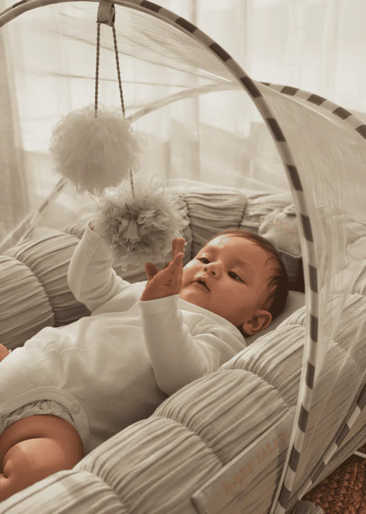 Baby Jalebi Sleep Cloud Nest-Baby Gadda Set With Inbuilt Mosquito Net-Grey-100% GOTS certified Organic Muslin-Newborn Bed
