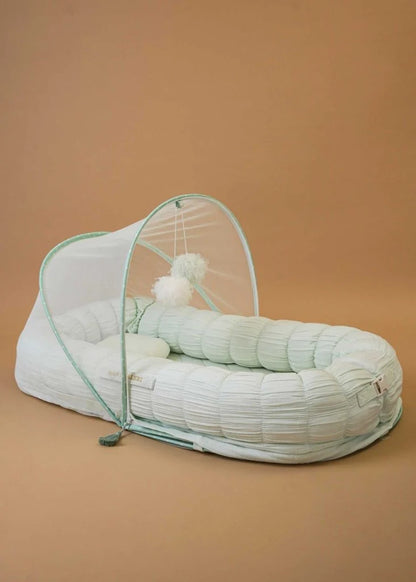 Baby Jalebi Sleep Cloud Nest-Baby Gadda Set With Inbuilt Mosquito Net-Mint-100% GOTS certified Organic Muslin-Newborn Bed