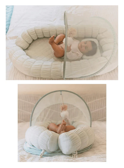 Baby Jalebi Sleep Cloud Nest-Baby Gadda Set With Inbuilt Mosquito Net-Mint-100% GOTS certified Organic Muslin-Newborn Bed