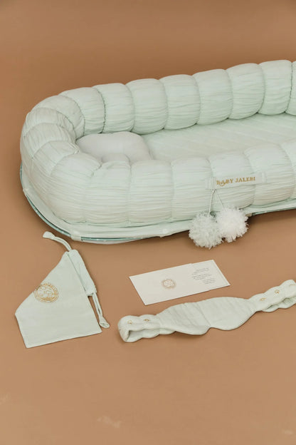 Baby Jalebi Sleep Cloud Nest-Baby Gadda Set With Inbuilt Mosquito Net-Mint-100% GOTS certified Organic Muslin-Newborn Bed