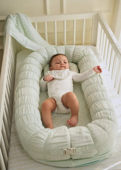 Baby Jalebi Sleep Cloud Nest-Baby Gadda Set With Inbuilt Mosquito Net-Mint-100% GOTS certified Organic Muslin-Newborn Bed