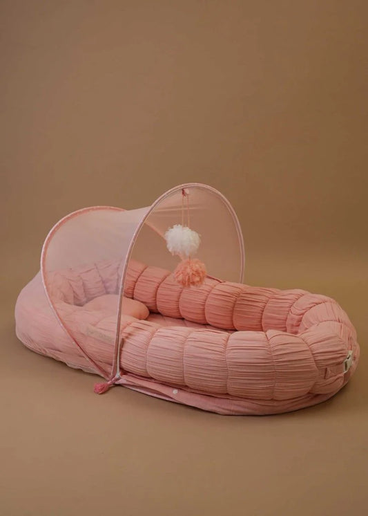 Baby Jalebi Sleep Cloud Nest-Baby Gadda Set With Inbuilt Mosquito Net-Pink-100% GOTS certified Organic Muslin-Newborn Bed