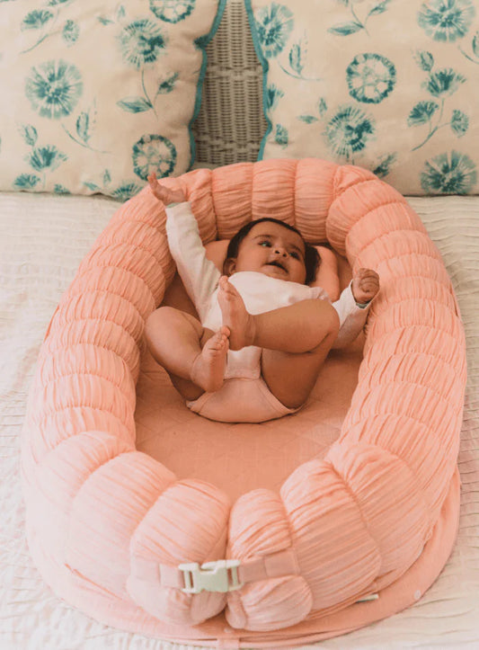 Baby Jalebi Sleep Cloud Nest-Baby Gadda Set With Inbuilt Mosquito Net-Pink-100% GOTS certified Organic Muslin-Newborn Bed