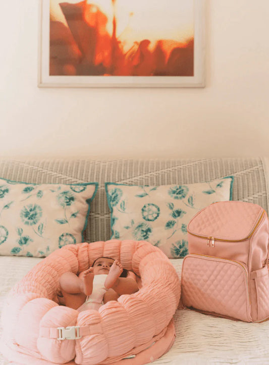 Baby Jalebi Sleep Cloud Nest-Baby Gadda Set With Inbuilt Mosquito Net-Pink-100% GOTS certified Organic Muslin-Newborn Bed