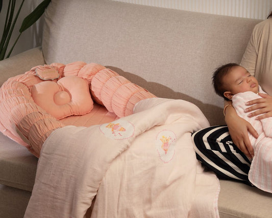 Baby Jalebi Sleep Cloud Nest-Baby Gadda Set With Inbuilt Mosquito Net-Pink-100% GOTS certified Organic Muslin-Newborn Bed