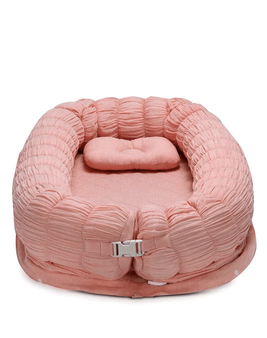 Baby Jalebi Sleep Cloud Nest-Baby Gadda Set With Inbuilt Mosquito Net-Pink-100% GOTS certified Organic Muslin-Newborn Bed