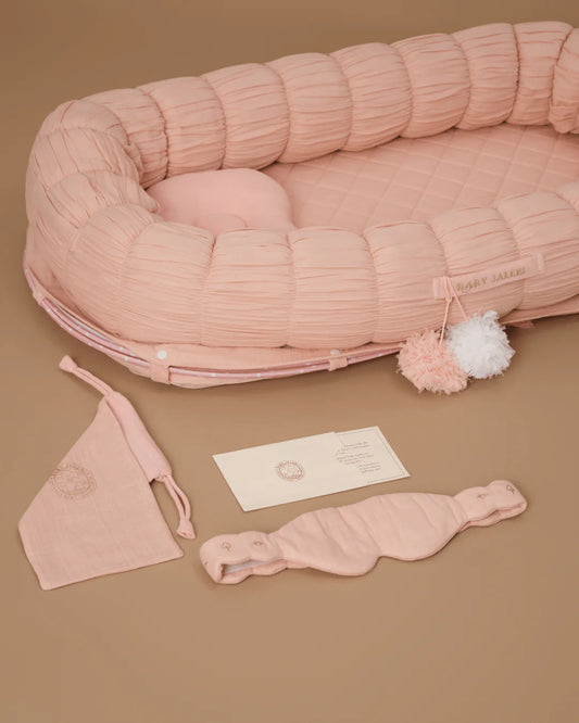 Baby Jalebi Sleep Cloud Nest-Baby Gadda Set With Inbuilt Mosquito Net-Pink-100% GOTS certified Organic Muslin-Newborn Bed