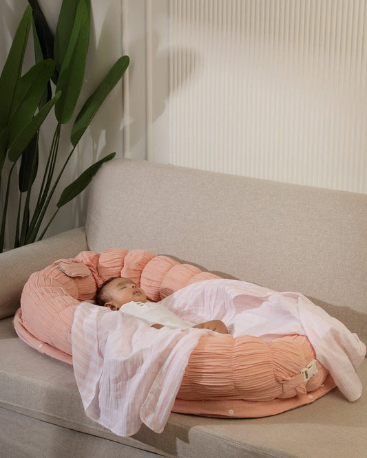 Baby Jalebi Sleep Cloud Nest-Baby Gadda Set With Inbuilt Mosquito Net-Pink-100% GOTS certified Organic Muslin-Newborn Bed