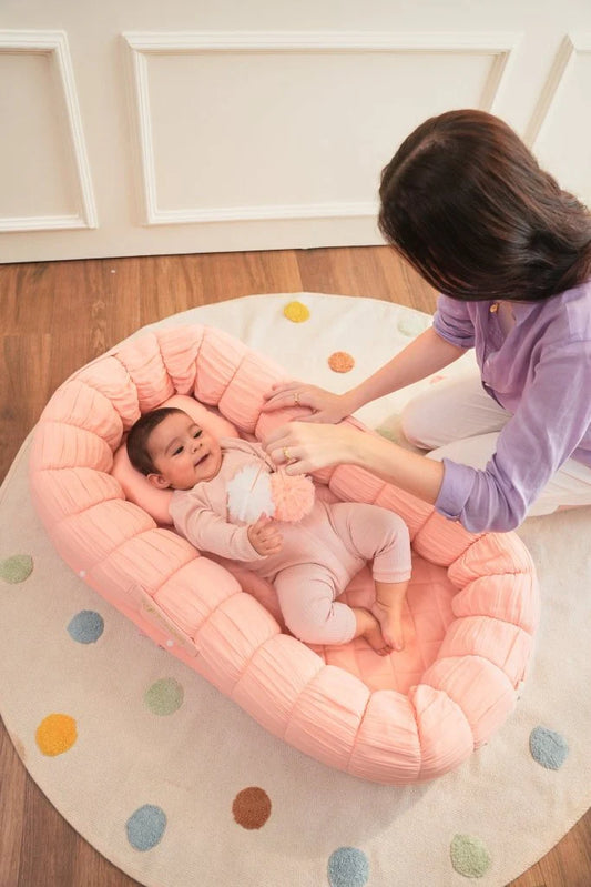 Baby Jalebi Sleep Cloud Nest-Baby Gadda Set With Inbuilt Mosquito Net-Pink-100% GOTS certified Organic Muslin-Newborn Bed