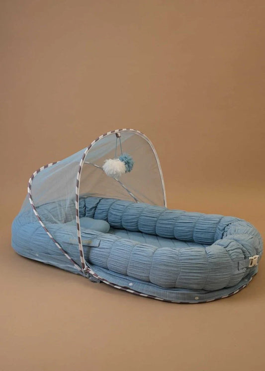 Baby Jalebi Sleep Cloud Nest-Baby Gadda Set With Inbuilt Mosquito Net-Blue-100% GOTS certified Organic Muslin-Newborn Bed
