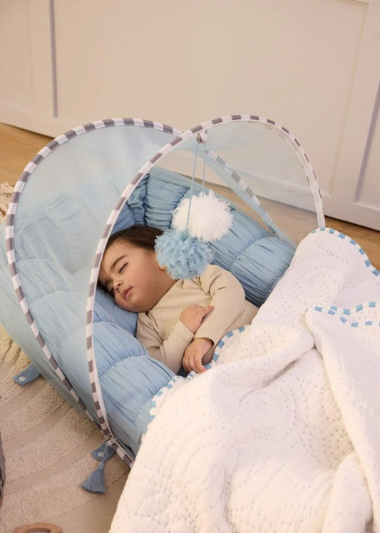 Baby Jalebi Sleep Cloud Nest-Baby Gadda Set With Inbuilt Mosquito Net-Blue-100% GOTS certified Organic Muslin-Newborn Bed