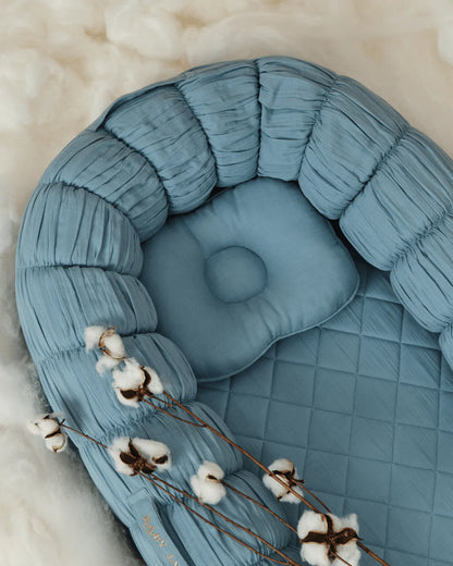 Baby Jalebi Sleep Cloud Nest-Baby Gadda Set With Inbuilt Mosquito Net-Blue-100% GOTS certified Organic Muslin-Newborn Bed