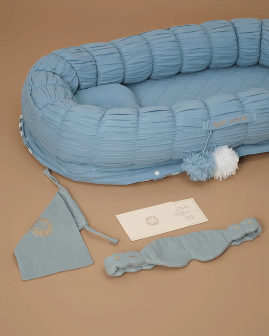 Baby Jalebi Sleep Cloud Nest-Baby Gadda Set With Inbuilt Mosquito Net-Blue-100% GOTS certified Organic Muslin-Newborn Bed