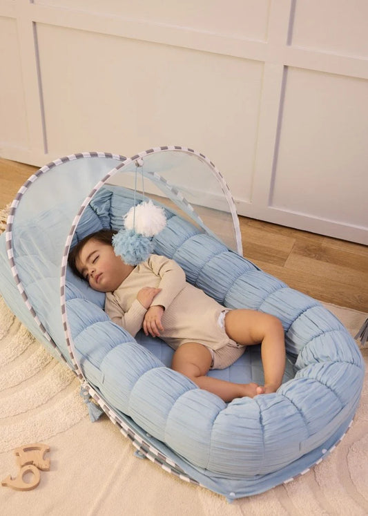 Baby Jalebi Sleep Cloud Nest-Baby Gadda Set With Inbuilt Mosquito Net-Blue-100% GOTS certified Organic Muslin-Newborn Bed