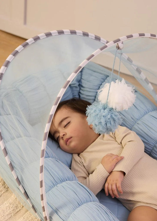 Baby Jalebi Sleep Cloud Nest-Baby Gadda Set With Inbuilt Mosquito Net-Blue-100% GOTS certified Organic Muslin-Newborn Bed