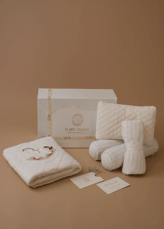 Baby Jalebi Cot Bedding Set-Rocking Horse-Hand Embroidered-100% Organic Cotton-Ecru-For Infants