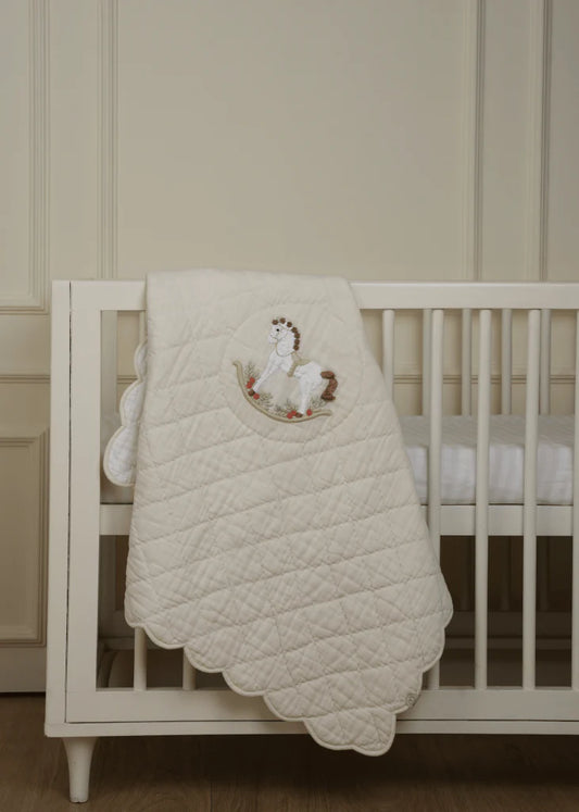 Baby Jalebi Cot Bedding Set-Rocking Horse-Hand Embroidered-100% Organic Cotton-Ecru-For Infants