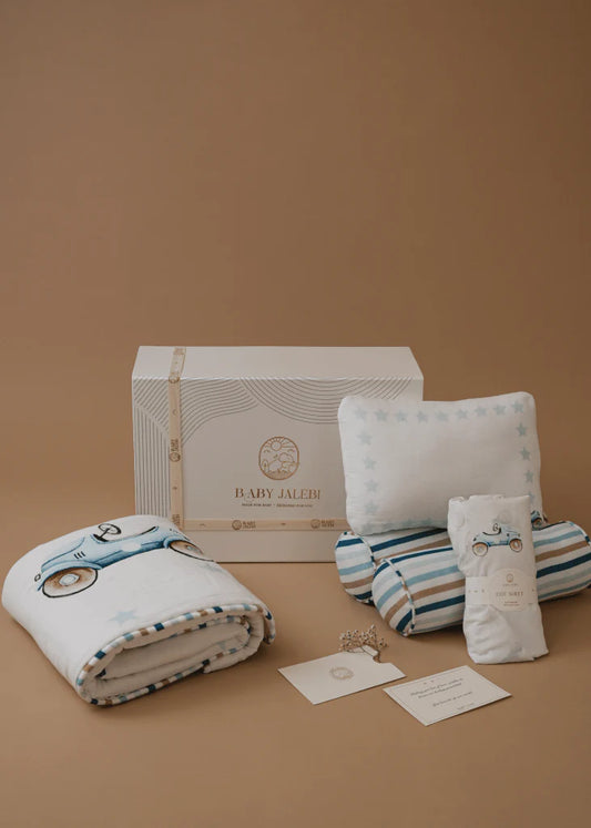 Baby Jalebi Cot Bedding Set-Roadster-Hand Embroidered-100% Organic Cotton-Blue & White-For Infants