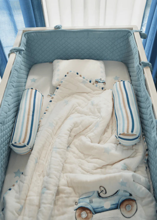 Baby Jalebi Cot Bedding Set-Roadster-Hand Embroidered-100% Organic Cotton-Blue & White-For Infants