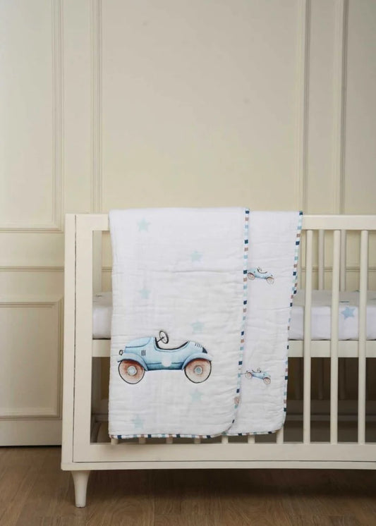 Baby Jalebi Cot Bedding Set-Roadster-Hand Embroidered-100% Organic Cotton-Blue & White-For Infants
