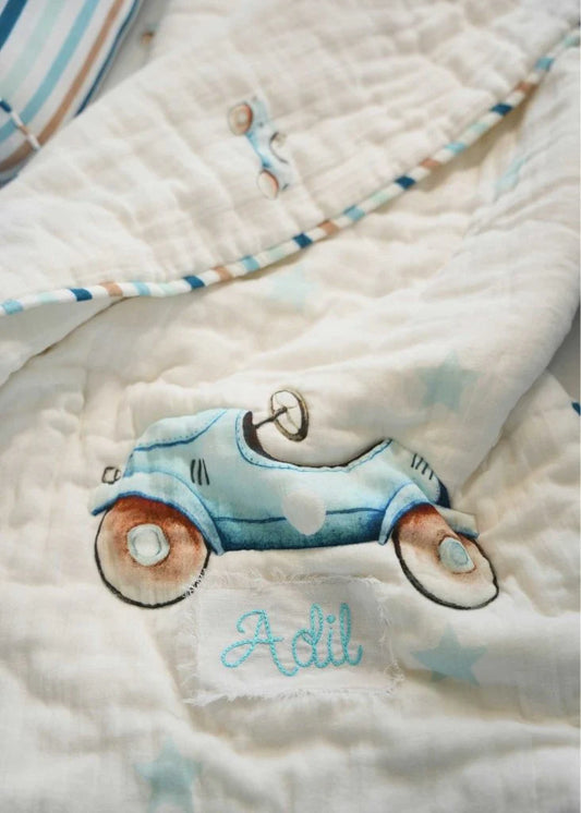 Baby Jalebi Cot Bedding Set-Roadster-Hand Embroidered-100% Organic Cotton-Blue & White-For Infants