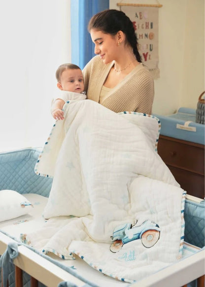 Baby Jalebi Cot Bedding Set-Roadster-Hand Embroidered-100% Organic Cotton-Blue & White-For Infants