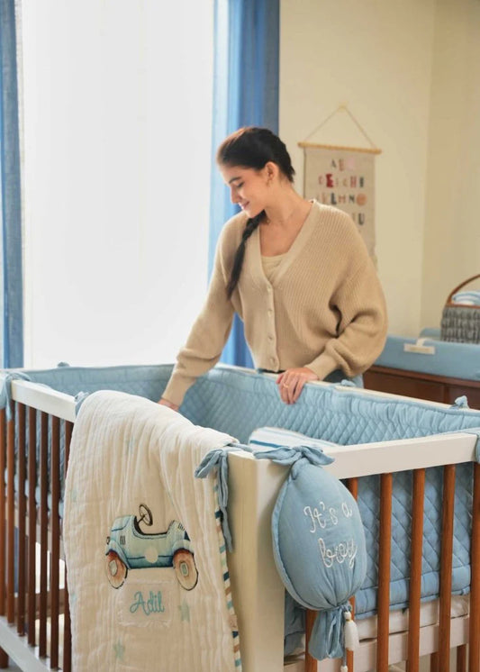 Baby Jalebi Cot Bedding Set-Roadster-Hand Embroidered-100% Organic Cotton-Blue & White-For Infants