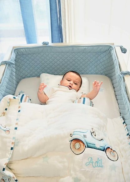 Baby Jalebi Cot Bedding Set-Roadster-Hand Embroidered-100% Organic Cotton-Blue & White-For Infants