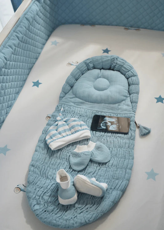 Baby Jalebi Crescent Sleeping Bag/Baby Carrier Nest-100% Organic Cotton-Blue-Newborn Bed