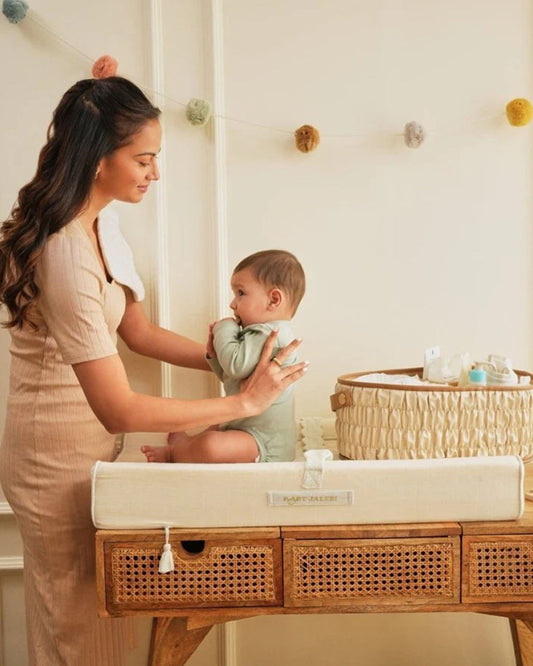 Baby Jalebi Diaper Changing Mat-Cotton-Water Resistant-Ecru