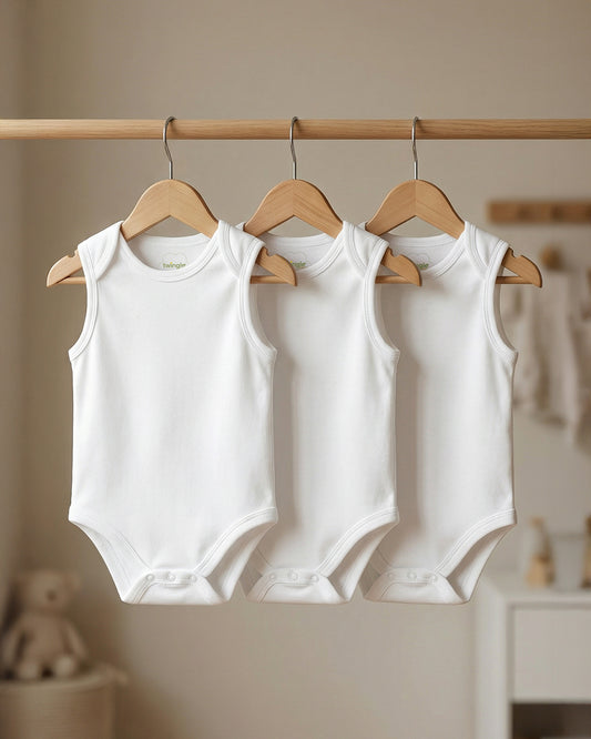 Twingle 100% Organic Cotton Bodysuit Vest-Envelope Neck for Easy Dressing-No Itchy Neck Tags-Sleeveless-Solid-White-Pack of 3-For Infants