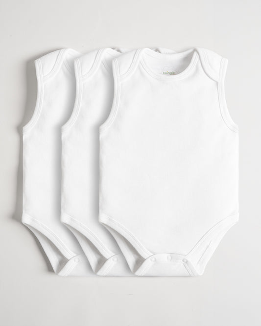 Twingle Snow White Envelope Neck Sleeveless Bodysuit Vest-Solid-100% Organic Cotton-Pack of 3-For Infants