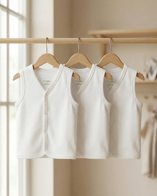Twingle 100% Organic Cotton Jhabla Vest-Front Snaps for Easy Dressing-No Itchy Neck Tags-Sleeveless-Solid-White-Pack of 3-For Infants