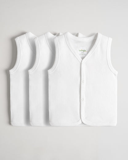 Twingle Snow White Front Open Sleeveless Jhabla Vest-Solid-100% Organic Cotton-Pack of 3-For Infants