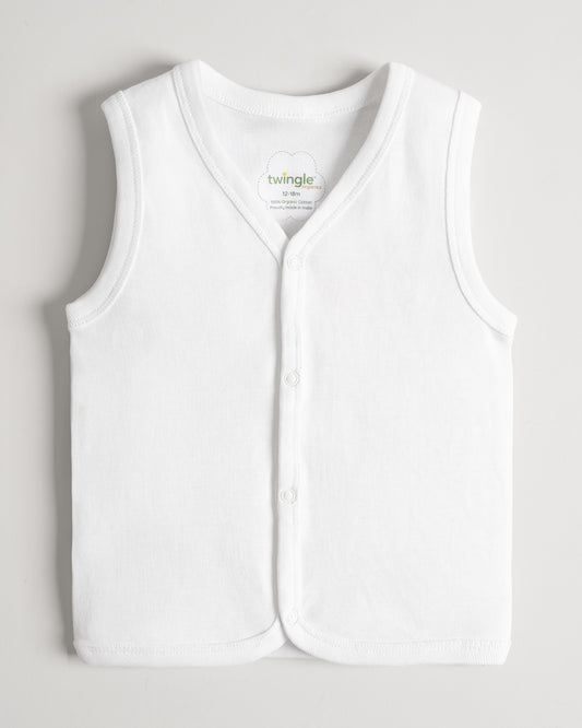 Twingle Snow White Front Open Sleeveless Jhabla Vest-Solid-100% Organic Cotton-Pack of 3-For Infants