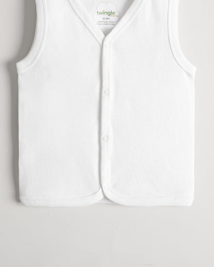Twingle Snow White Front Open Sleeveless Jhabla Vest-Solid-100% Organic Cotton-Pack of 3-For Infants