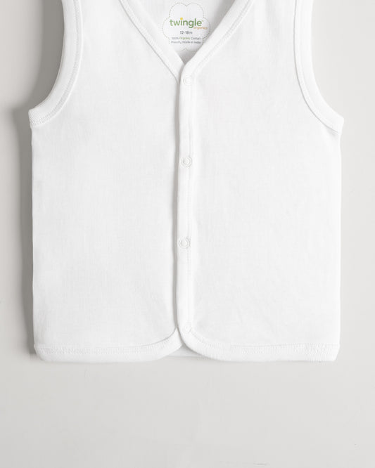 Twingle Snow White Front Open Sleeveless Jhabla Vest-Solid-100% Organic Cotton-Pack of 3-For Infants