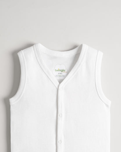 Twingle Snow White Front Open Sleeveless Jhabla Vest-Solid-100% Organic Cotton-Pack of 3-For Infants