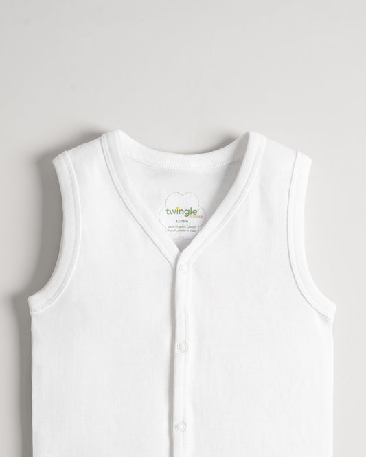 Twingle Snow White Front Open Sleeveless Jhabla Vest-Solid-100% Organic Cotton-Pack of 3-For Infants
