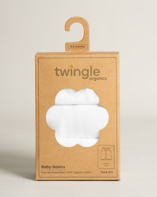 Twingle Snow White Front Open Sleeveless Jhabla Vest-Solid-100% Organic Cotton-Pack of 3-For Infants