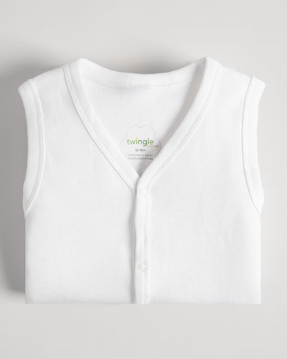 Twingle Snow White Front Open Sleeveless Jhabla Vest-Solid-100% Organic Cotton-Pack of 3-For Infants