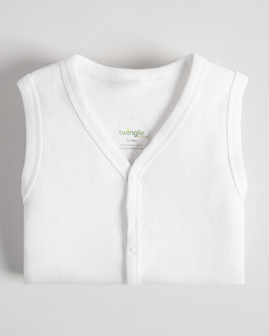 Twingle Snow White Front Open Sleeveless Jhabla Vest-Solid-100% Organic Cotton-Pack of 3-For Infants