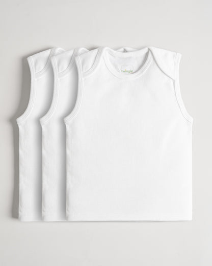 Twingle Snow White Envelope Neck Sleeveless Vest-Solid-100% Organic Cotton-Pack of 3-For Infants