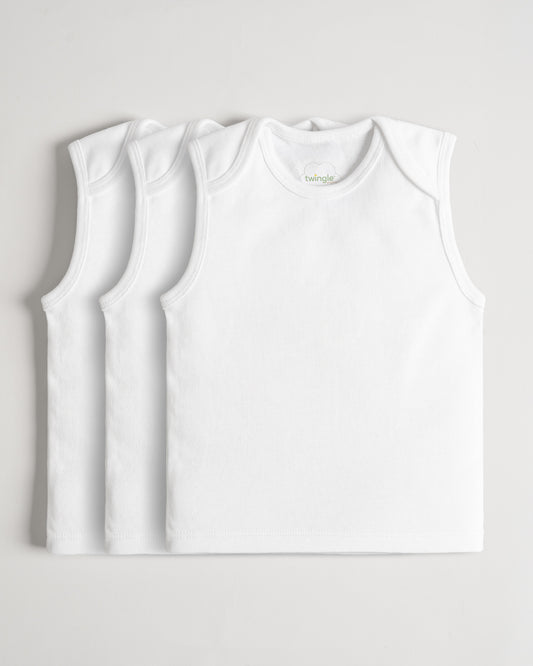 Twingle Snow White Envelope Neck Sleeveless Vest-Solid-100% Organic Cotton-Pack of 3-For Infants