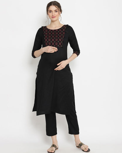 Wobbly Walk Black Maternity Nursing Kurta-Round Neck-Solid Color-Cotton Blend-Bump Friendly