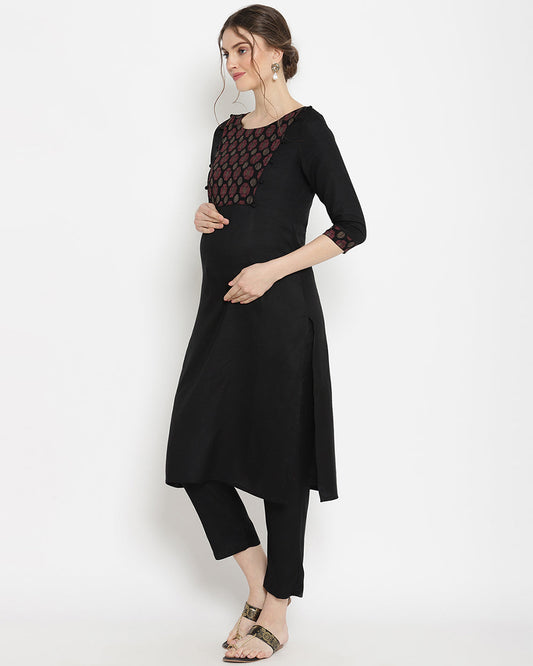 Wobbly Walk Black Maternity Nursing Kurta-Round Neck-Solid Color-Cotton Blend-Bump Friendly