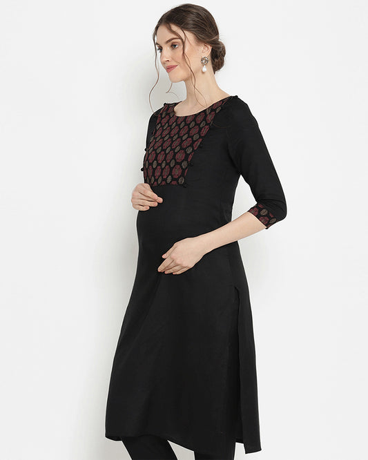 Wobbly Walk Black Maternity Nursing Kurta-Round Neck-Solid Color-Cotton Blend-Bump Friendly