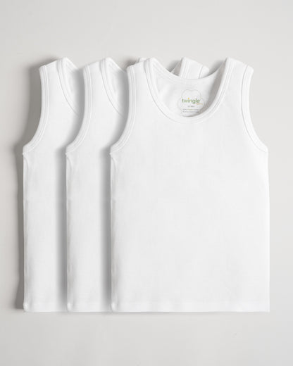Twingle Snow White Round Neck Sleeveless Vest-Solid-100% Organic Cotton-Pack of 3-For Infants
