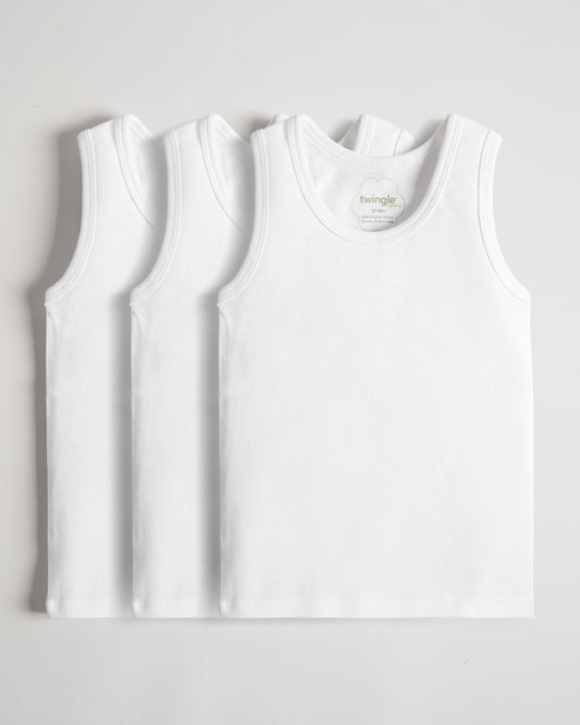 Twingle Snow White Round Neck Sleeveless Vest-Solid-100% Organic Cotton-Pack of 3-For Infants